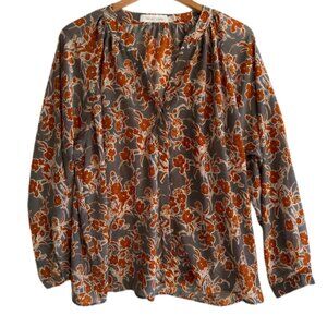 Bishop + Young Floral V-Neck Blouse Rust Gray Orange XL Long Sleeve Top